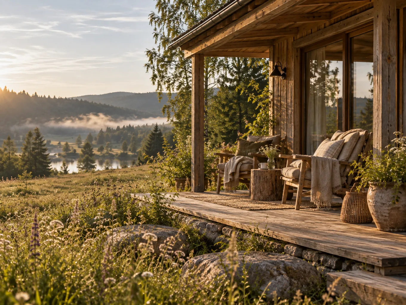 Niewielki drewniany domek na skraju naturalnej łąki